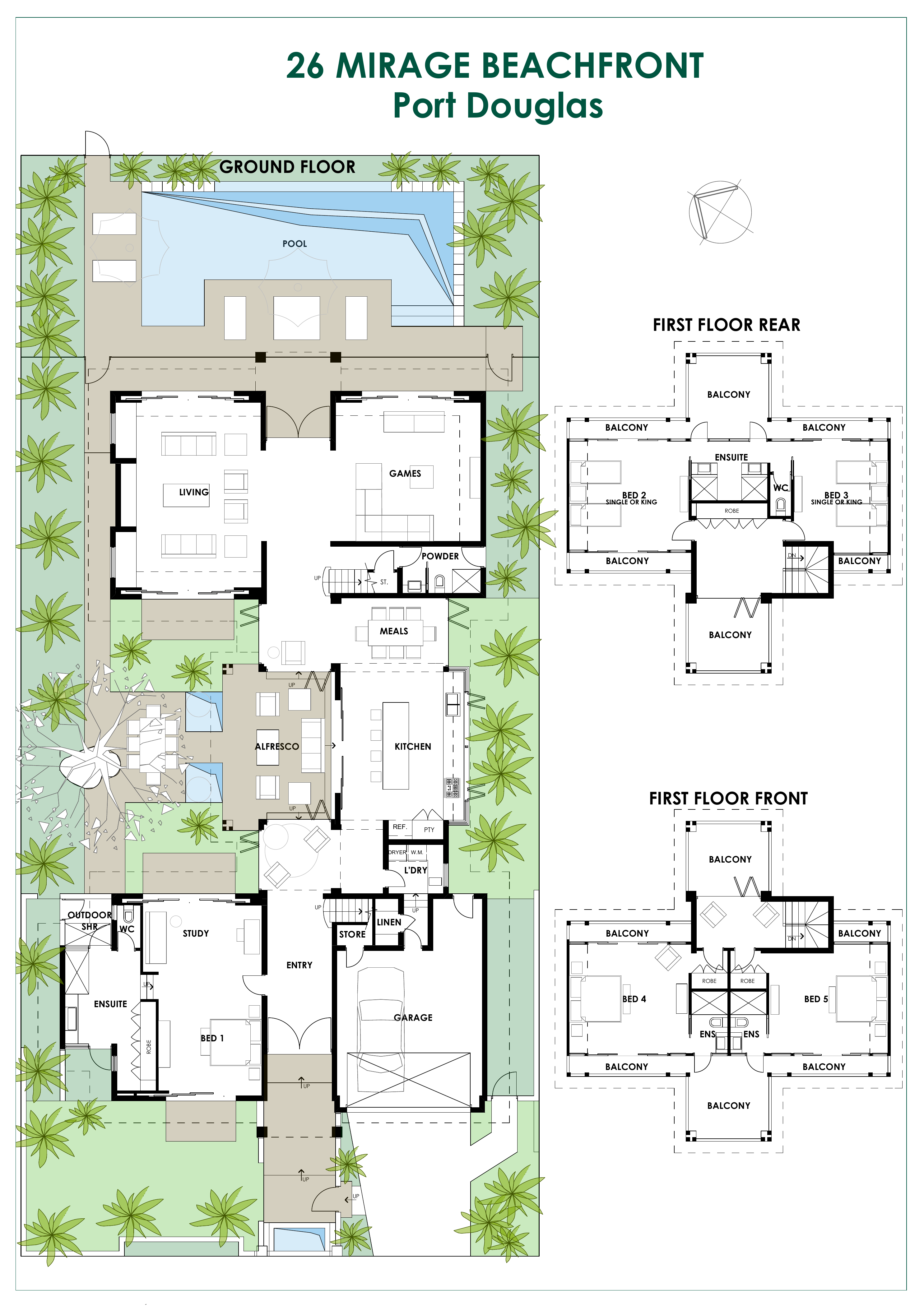 Villa Omaroo floor plan showing the ground floor, pool and gardens, and both first-floor bedroom wings.