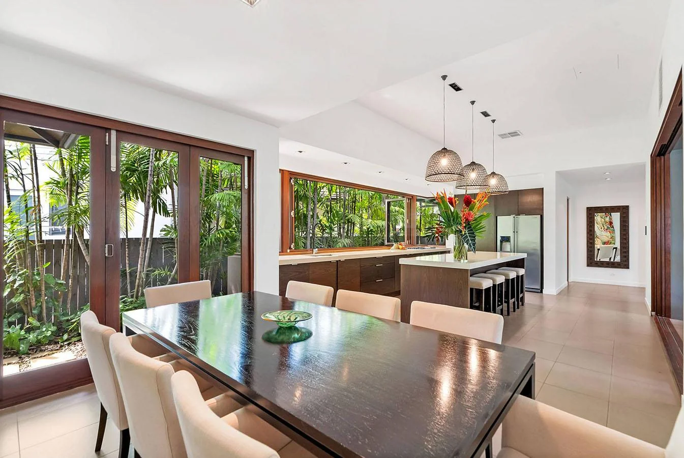 The kitchen island and indoor dining area